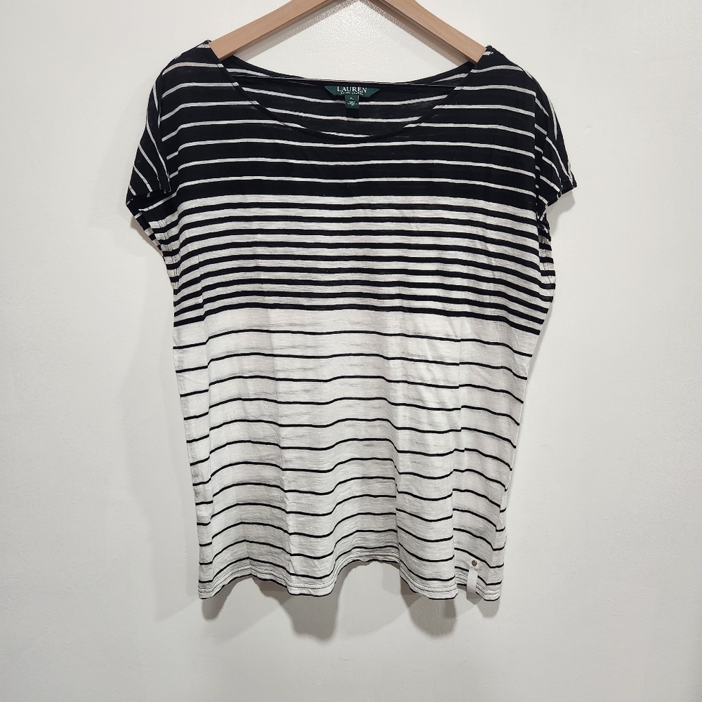 Black and White Striped Gauzy Boat Neck Lauren Ralph Lauren T-Shirt “